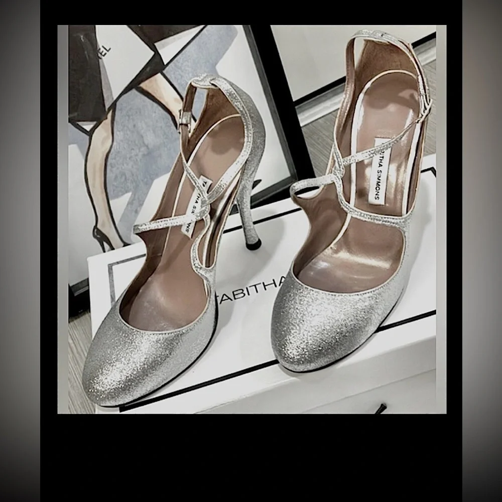 Tabitha Simmons Stiletto Heels Halo Ankle Strap Silver Leather IT Size 37 = US 7